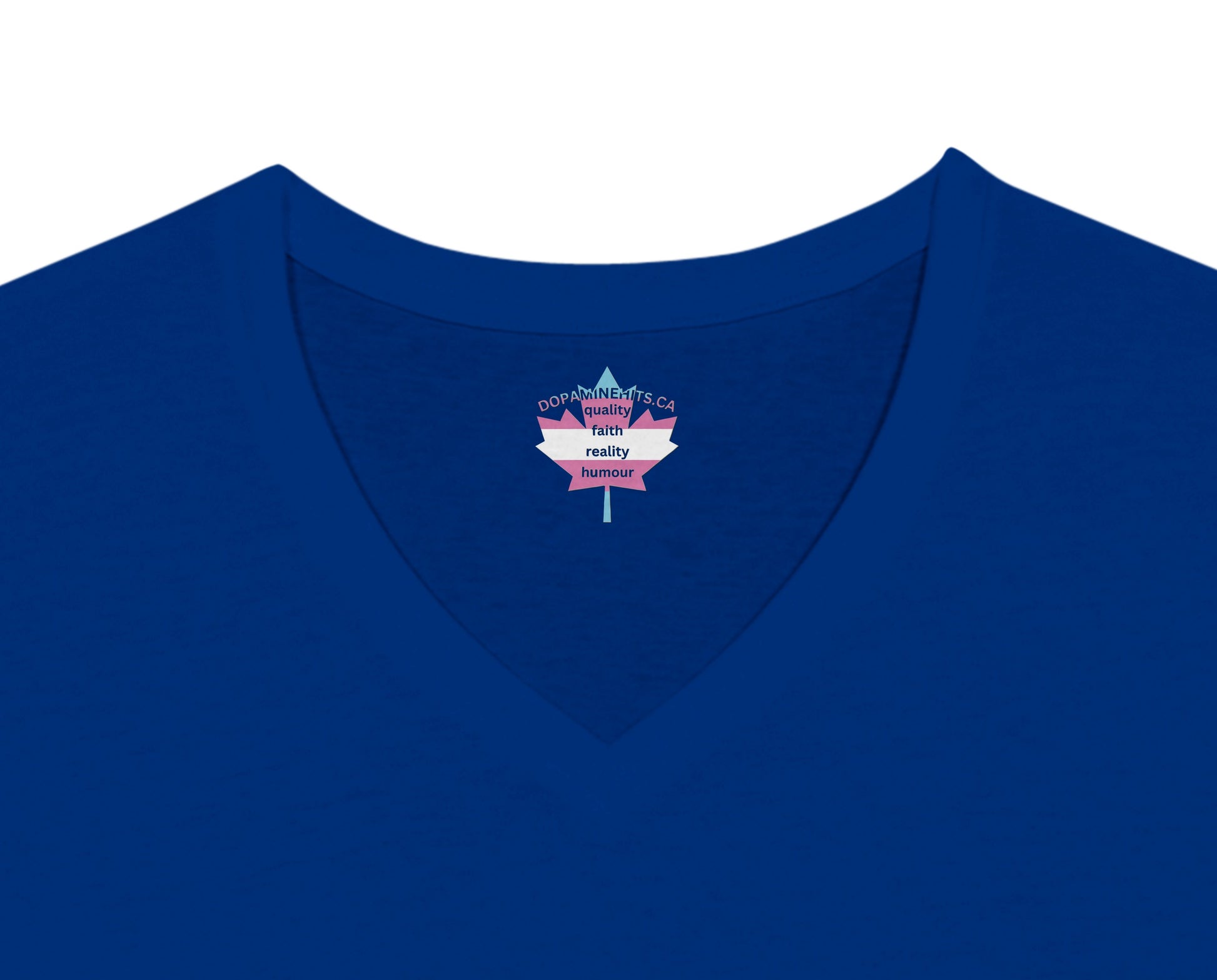 Blue V-neck shirt with a logo on the chest area against a white background