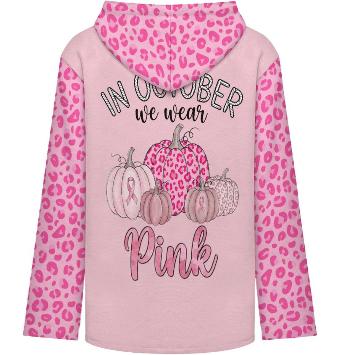 A pink long-sleeve hoodie with a pink leopard print hood and sleeves, featuring a graphic of pumpkins and the text 'IN OCTOBER we wear Pink' on the back.
