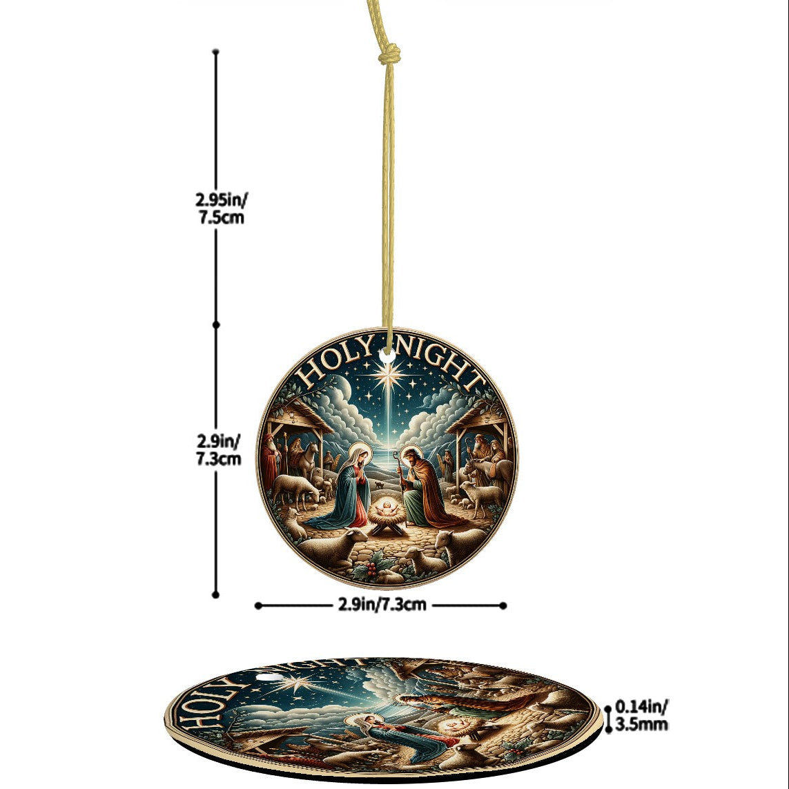 Decorative ornament with nativity scene design and measurements on a white background
