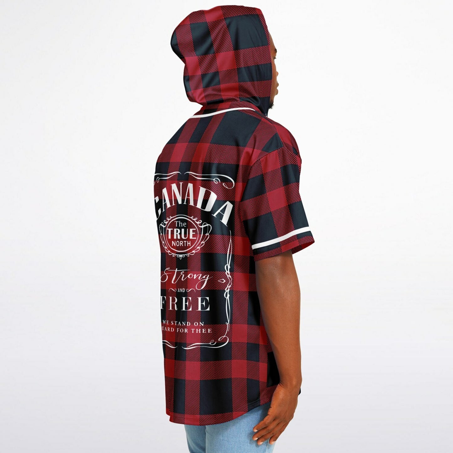 True North Strong and Free | Hooded Baseball Jersey - Red Plaid