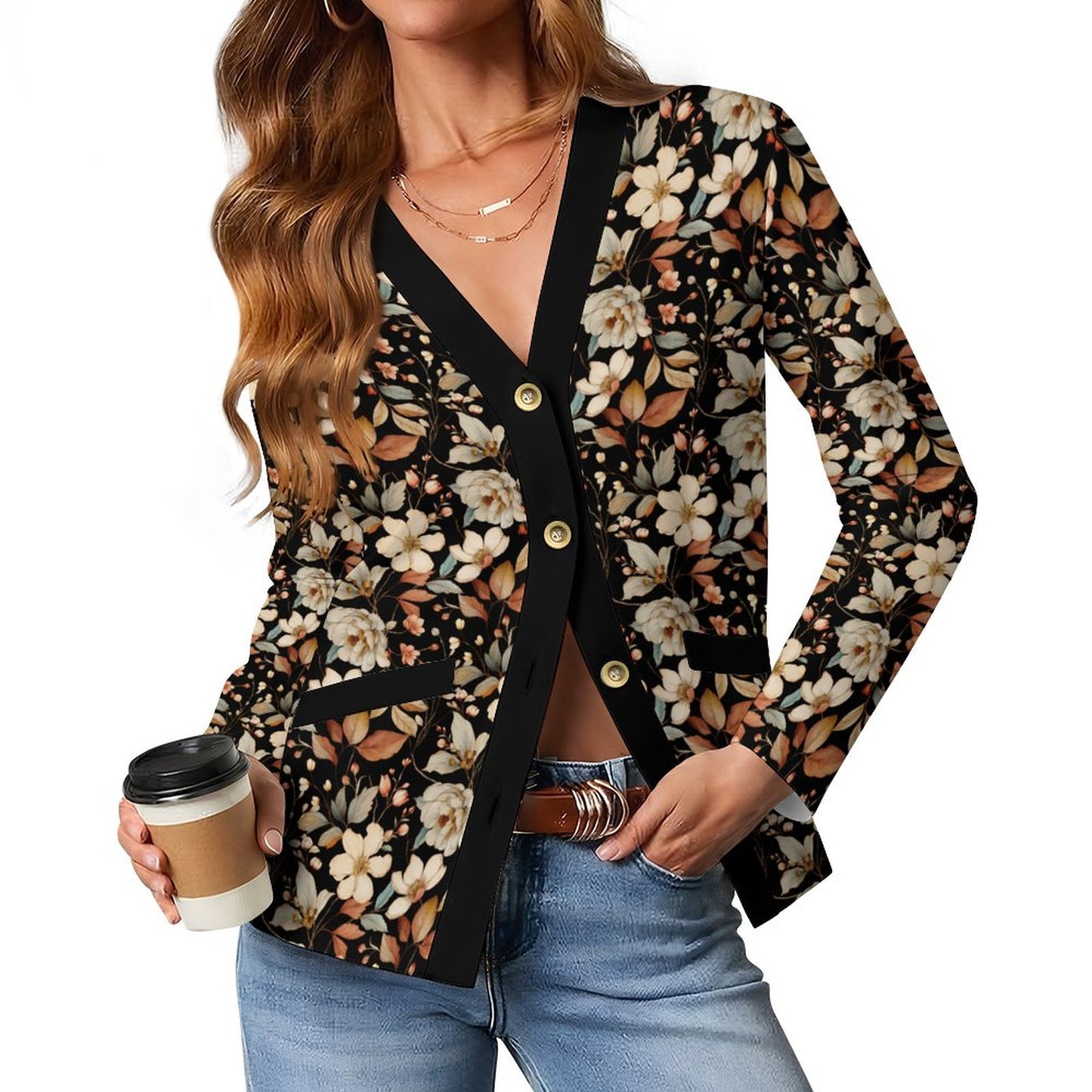Black 170gsm Women's Lightweight Cardigan(All-Over Printing)