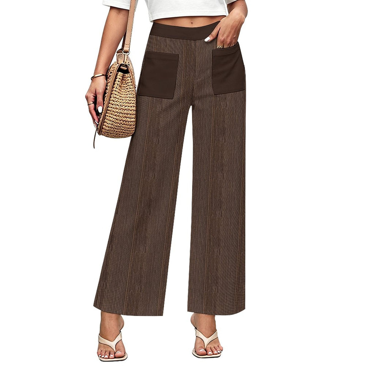 Chocolate Brown Faux Corduroy Wide-Leg Crop Pants for Women