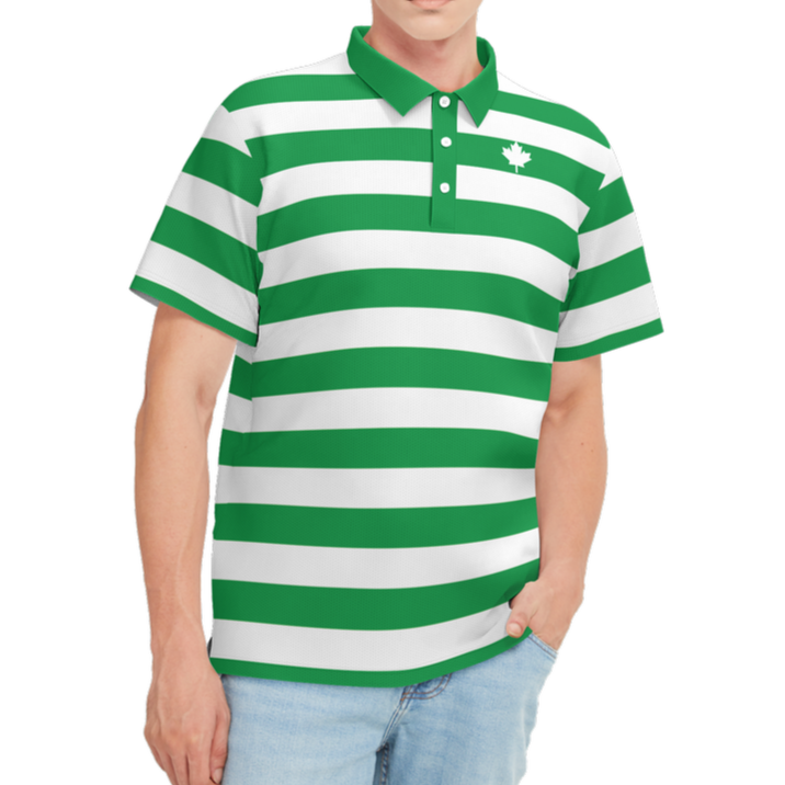 Person wearing a green and white striped polo shirt on a white background