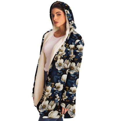 Blue Winter Floral Microfleece Cloak