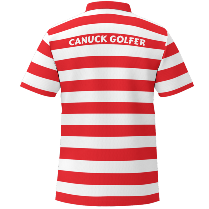 Red and white striped polo shirt with 'Canuck Golfer' text on a white background