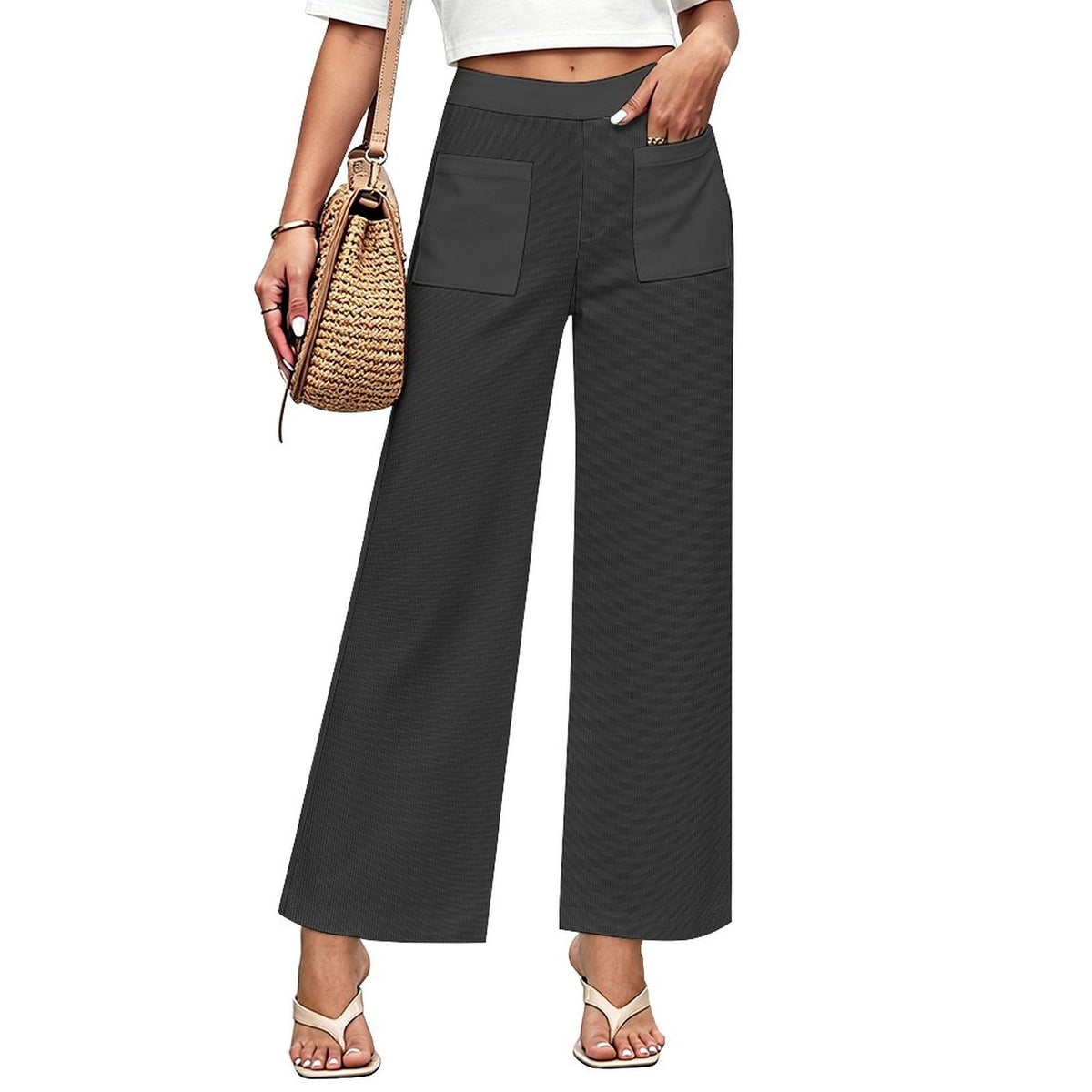 Charcoal Gray Faux Corduroy Wide-Leg Crop Pants for Women