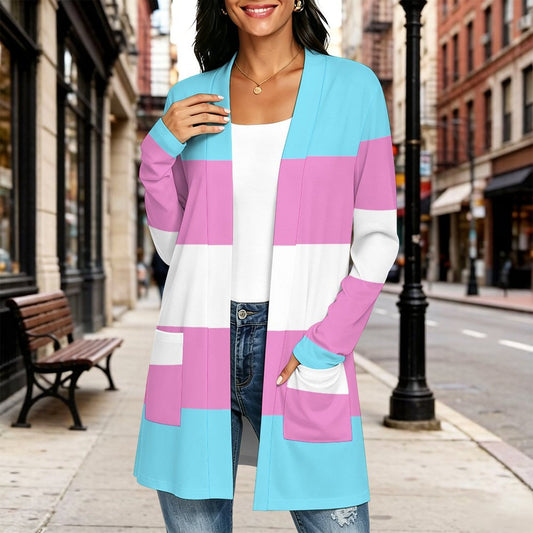 Share Your Pride | Women's Long Sleeve Cardigan With Pockets - Trans Flag Inspired