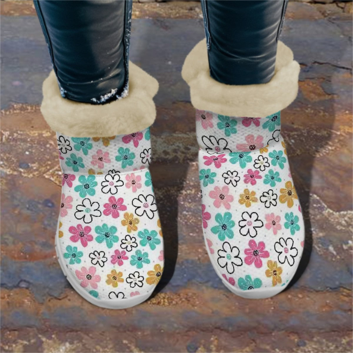 Whimsical Flowers | Non-Slip Flannel-Lined Indoor Slipper Boots – Cozy Comfort