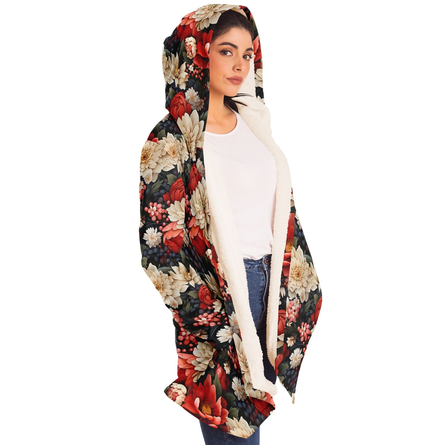 Red Winter Flowers Microfleece Cloak