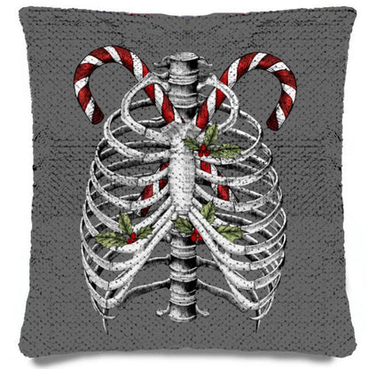 Candy Canes and Bones – Festive Goth Christmas Sequin Pillowcase – Soft, Durable, and Elegant Home Décor