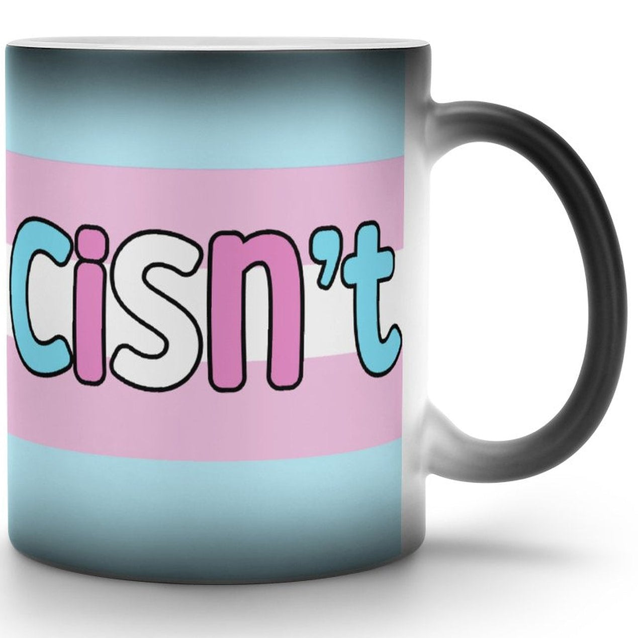 Mug with 'cisn't' text on a pink and blue striped background