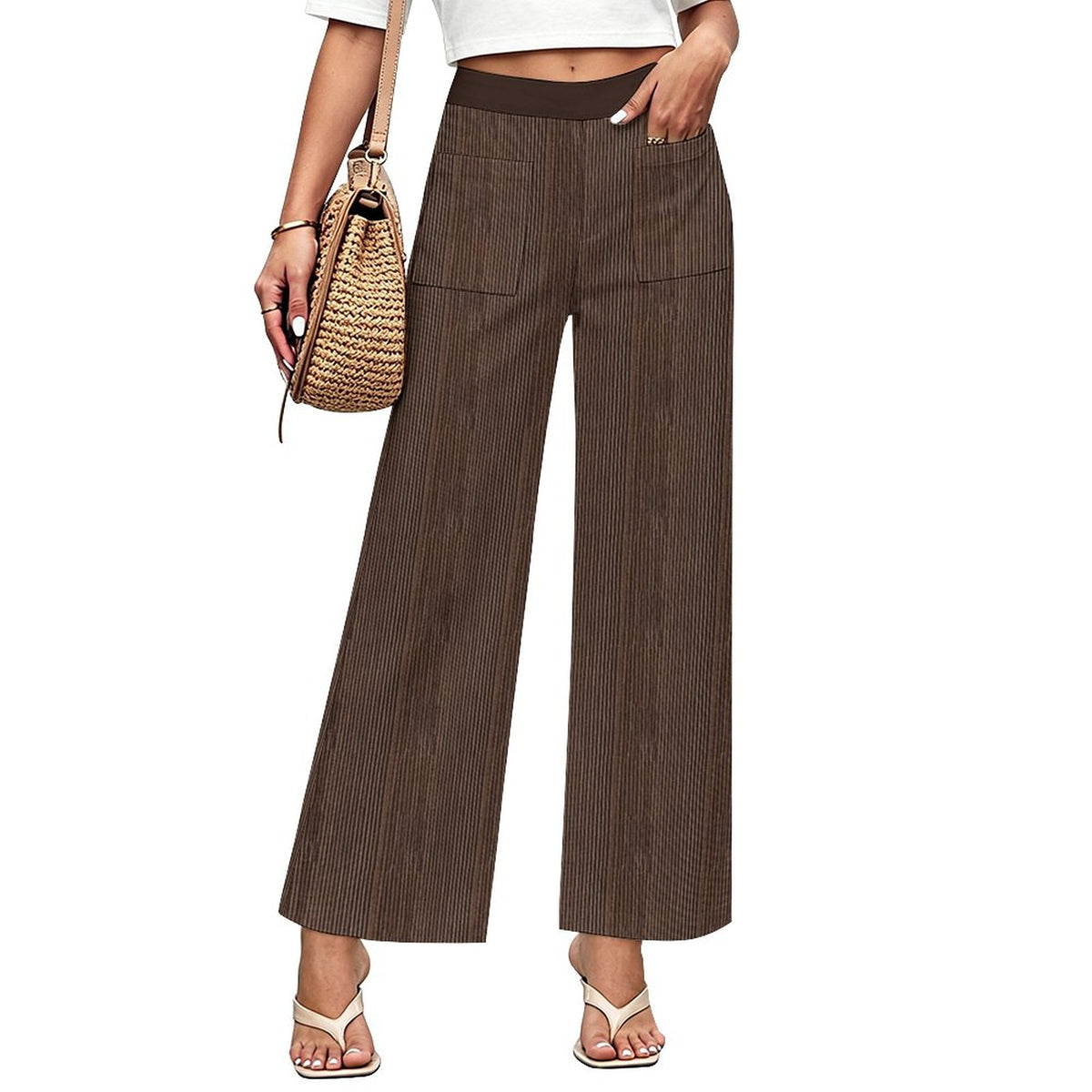 Chocolate Brown Faux Corduroy Wide-Leg Crop Pants for Women