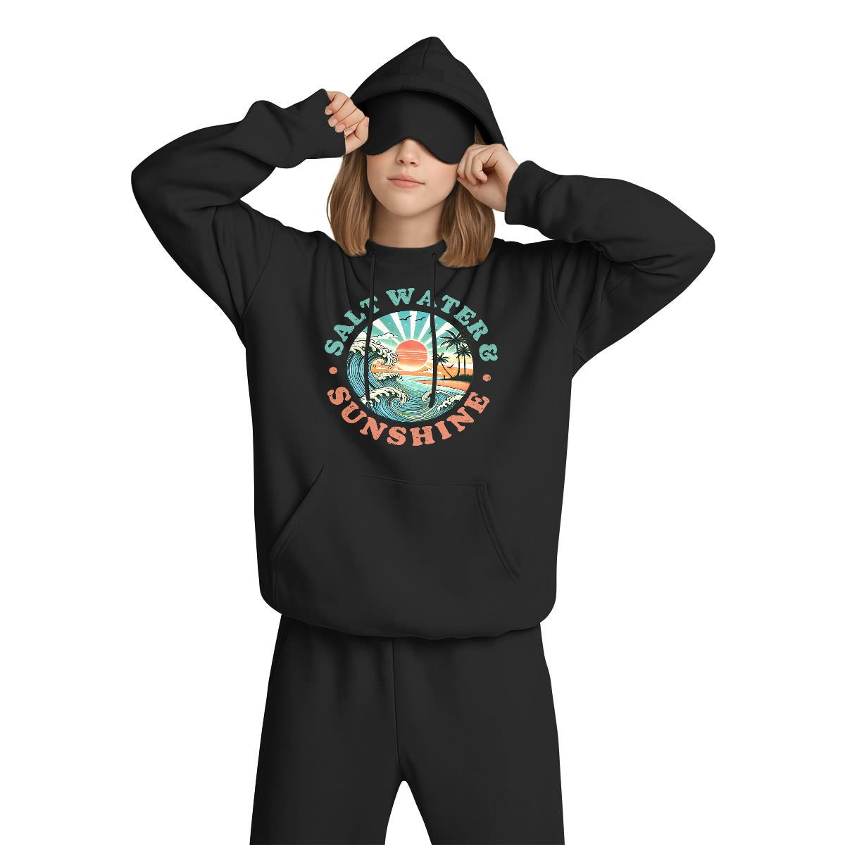 Person wearing a black hoodie with 'Salt Water & Sunshine' graphic design on a white background