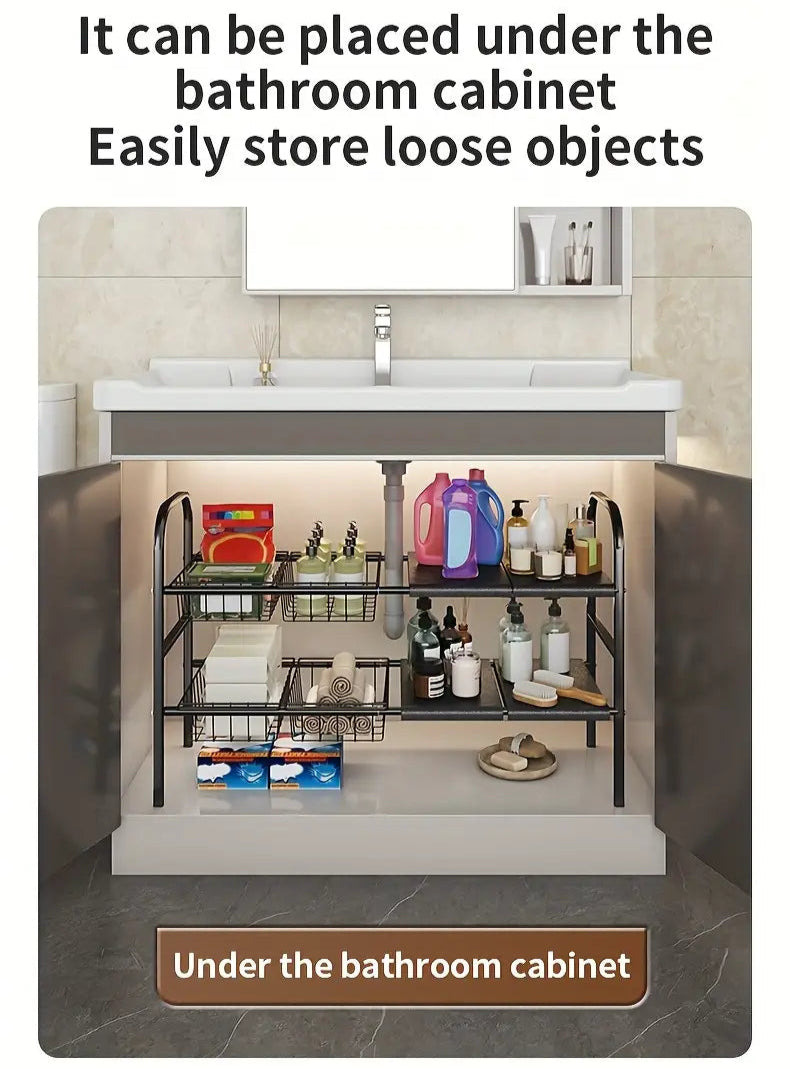 Bathroom cabinet with a shelf for storing items, featuring text about its use.