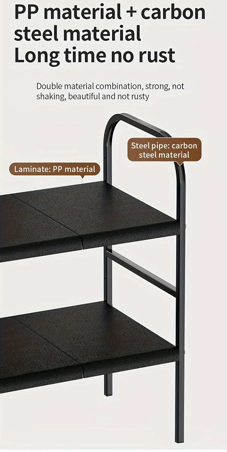 Black metal shelf with text about material combination on a light pink background