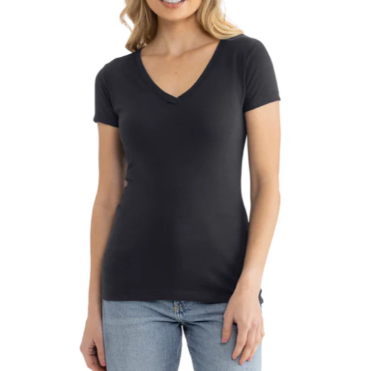 Woman wearing a black V-neck t-shirt and blue jeans on a white background