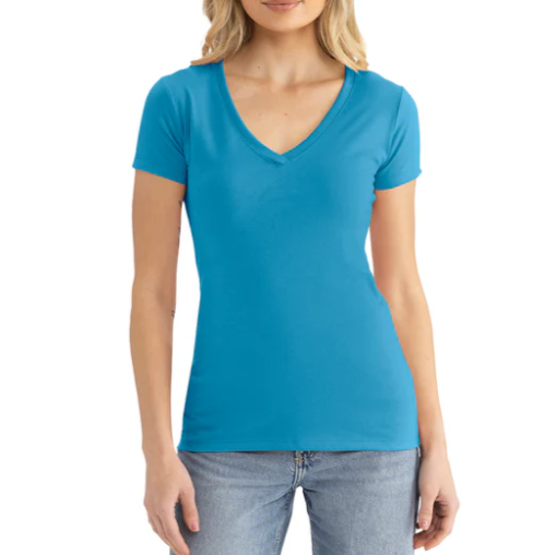 Woman wearing a blue t-shirt on a white background