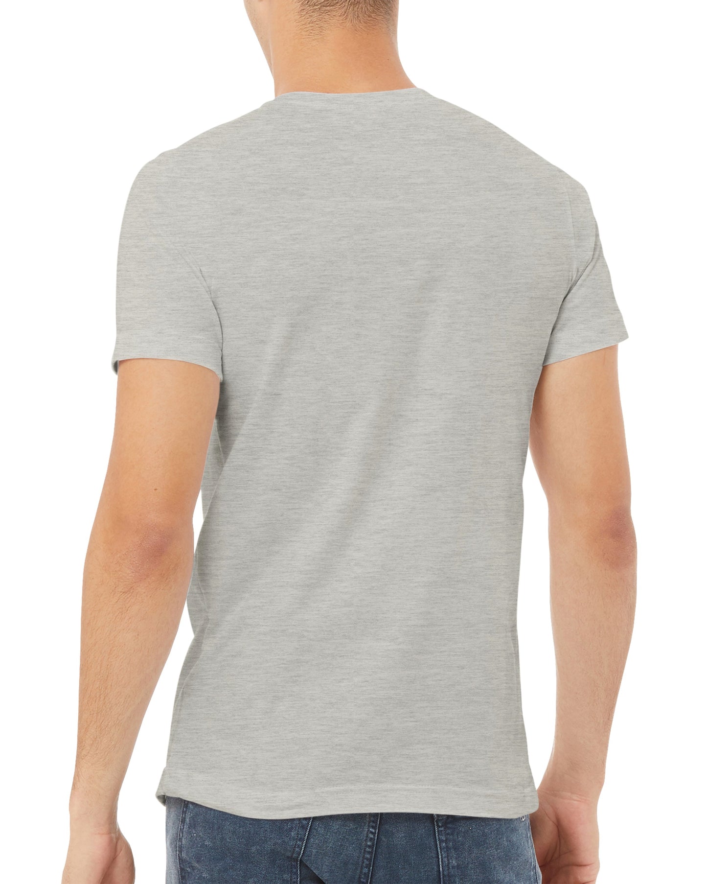 Person wearing a gray t-shirt on a white background