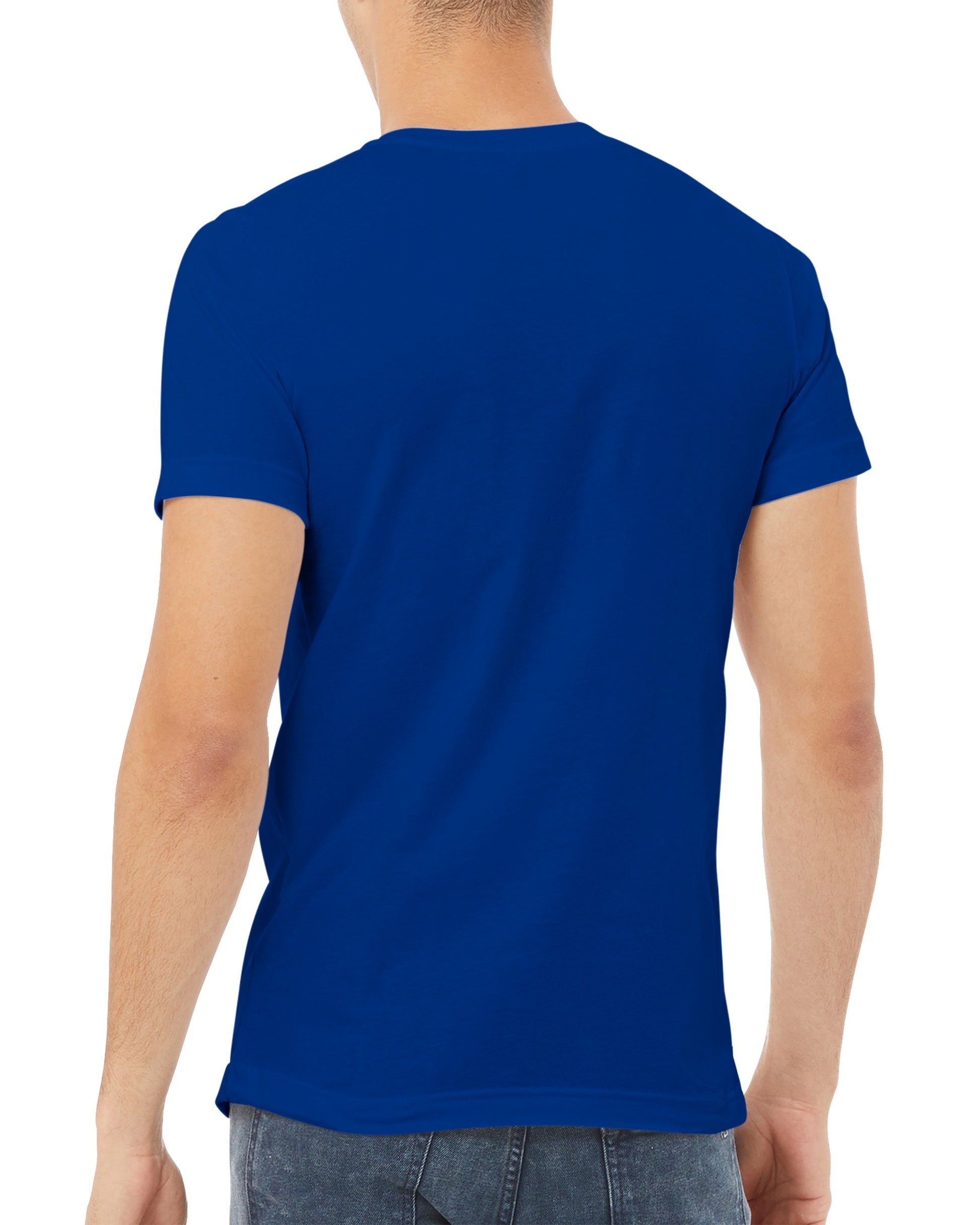 Blue t-shirt worn by a person on a white background
