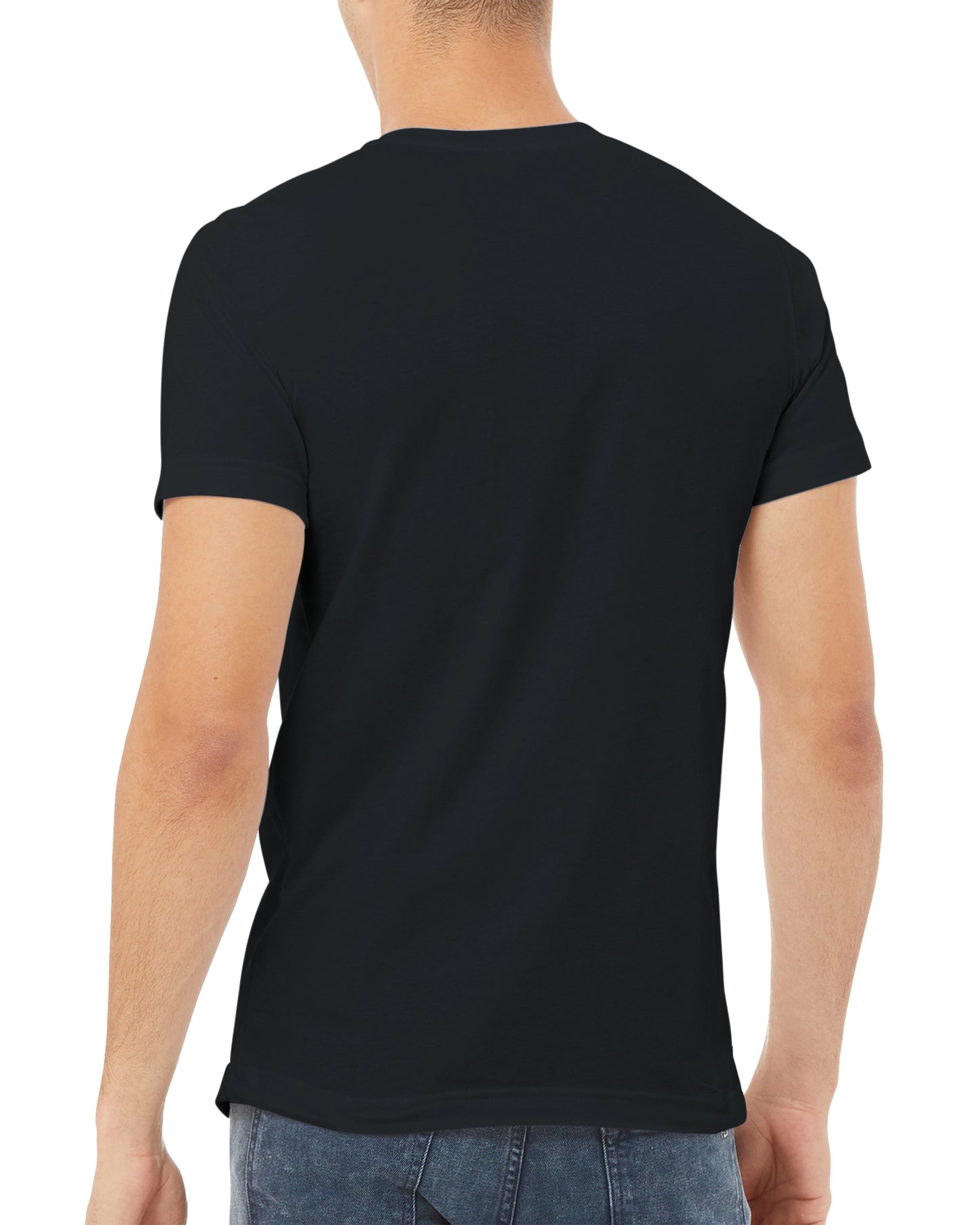 Black t-shirt worn by a person on a white background