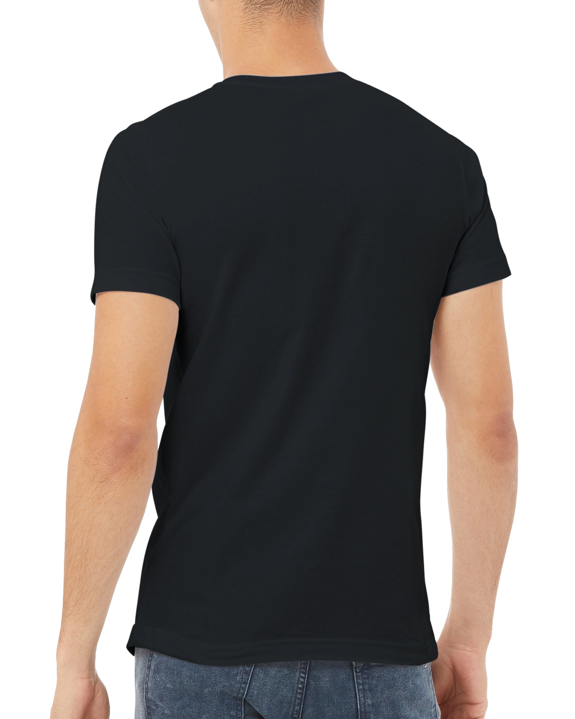 Black t-shirt worn by a person on a white background