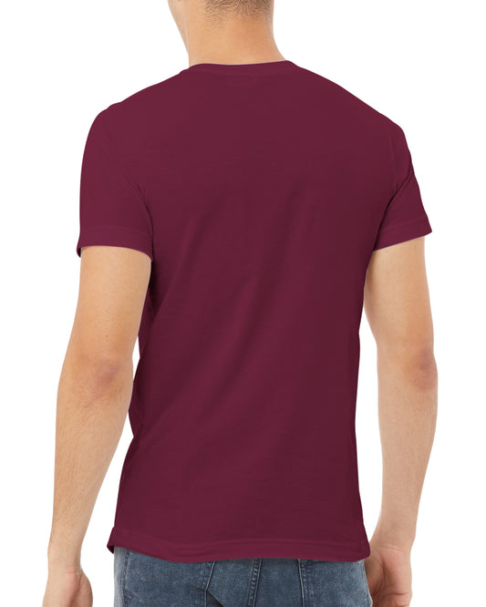 Maroon t-shirt worn by a person on a white background