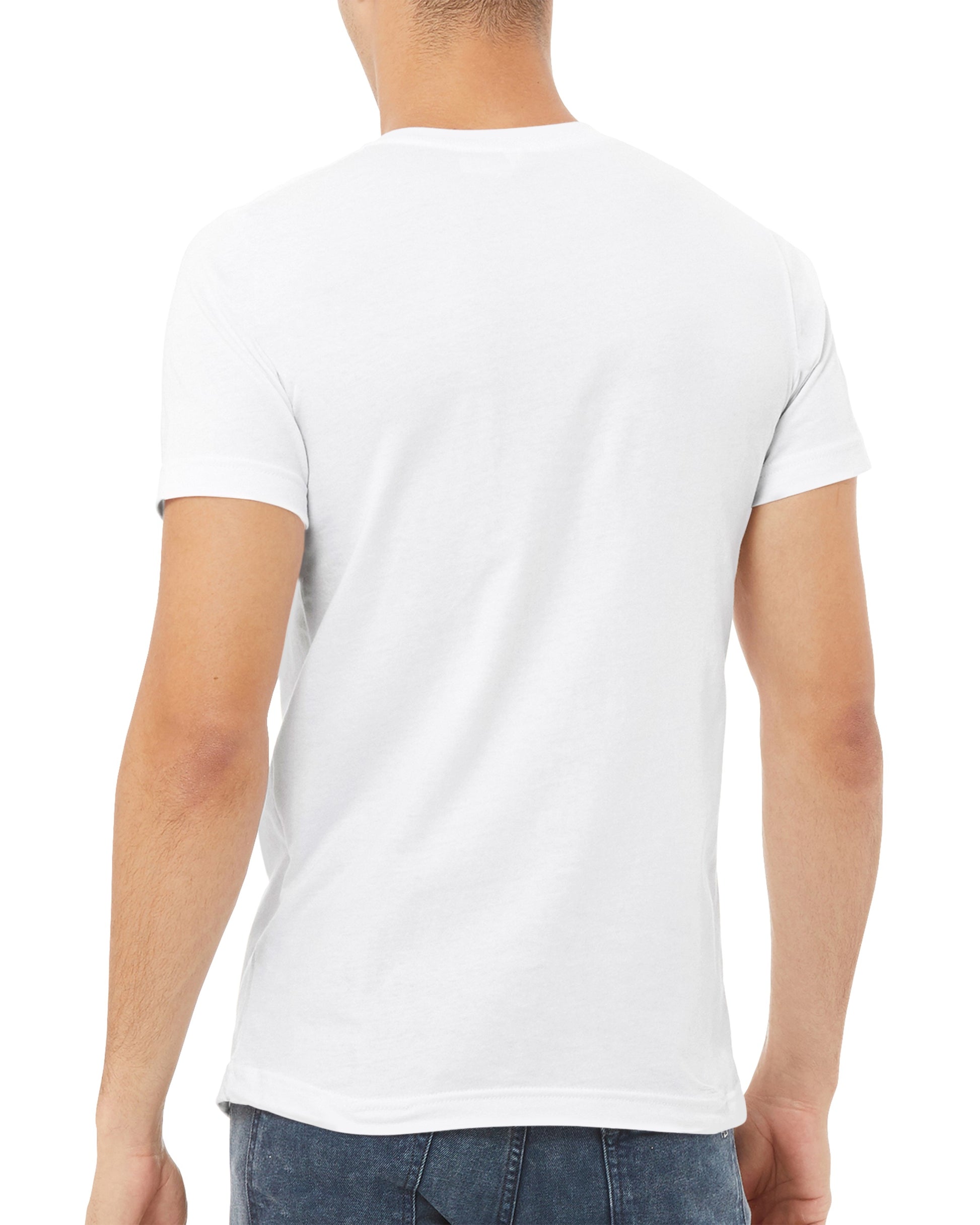 Person wearing a plain white t-shirt on a white background