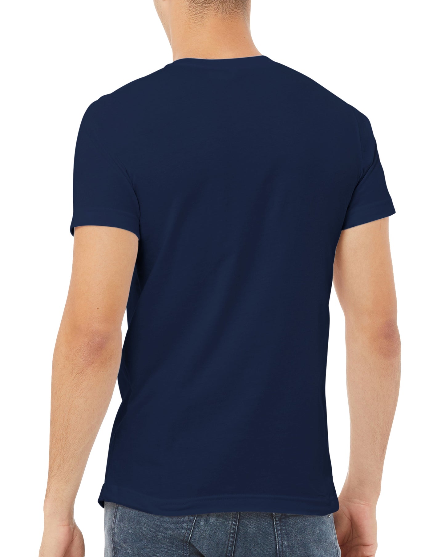 Navy blue t-shirt worn by a person on a white background