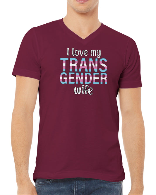 Maroon t-shirt with 'I love my TRANS GENDER wife' text on a white background