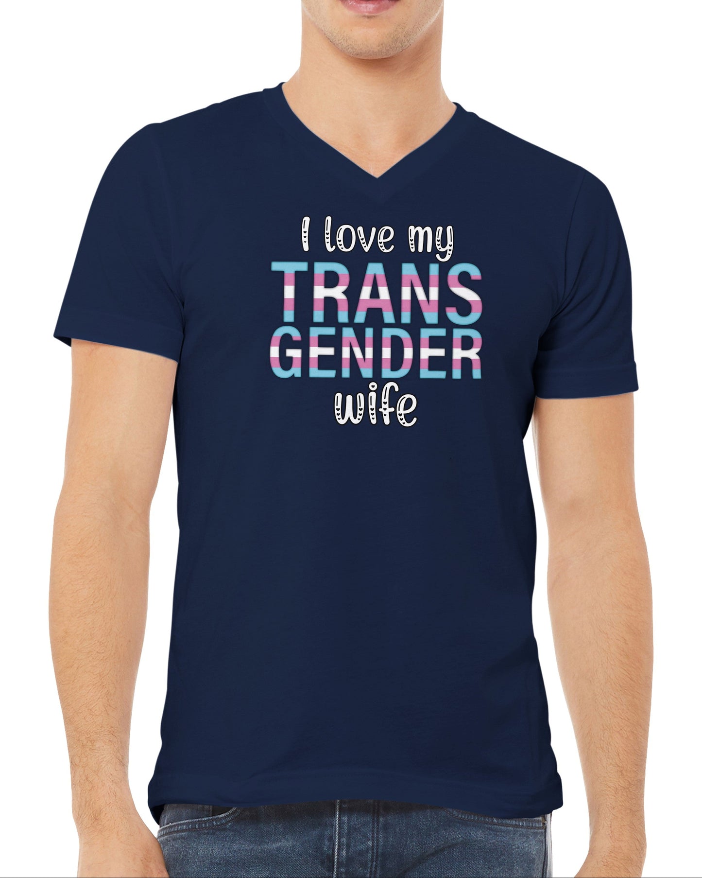 Navy blue t-shirt with 'I love my TRANS GENDER wife' text on a white background