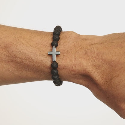 Born Again - Black Volcanic Stone Bead Cross Bracelet - With Date Personalization