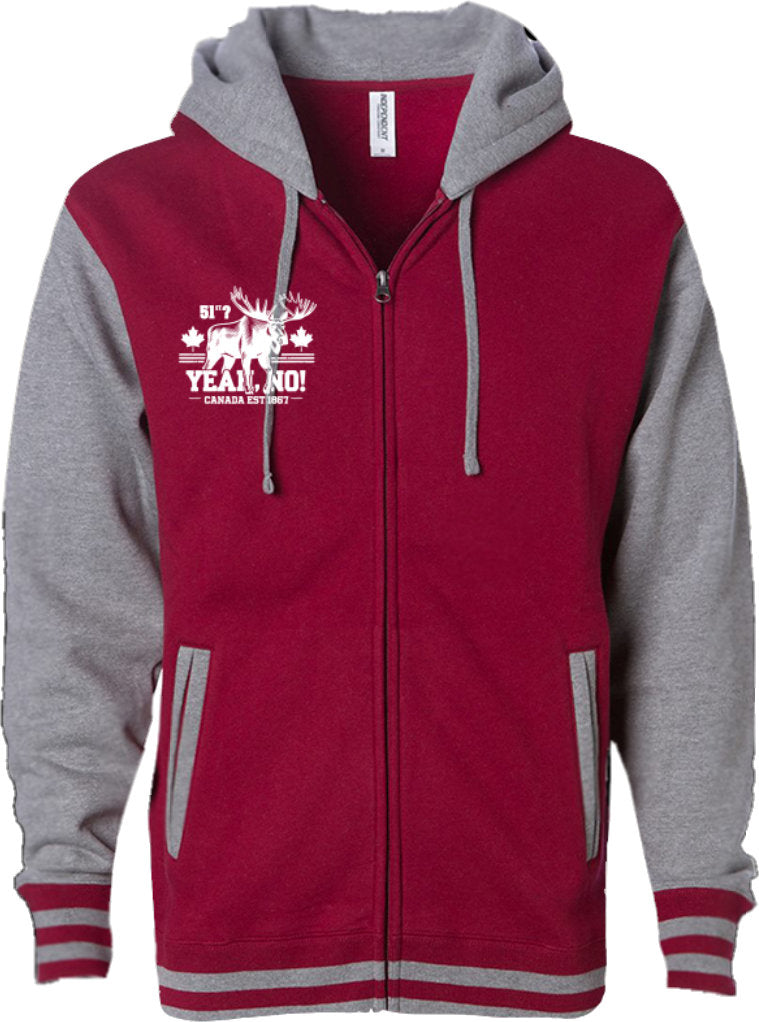 Red and gray hoodie with a graphic design on the chest against a white background