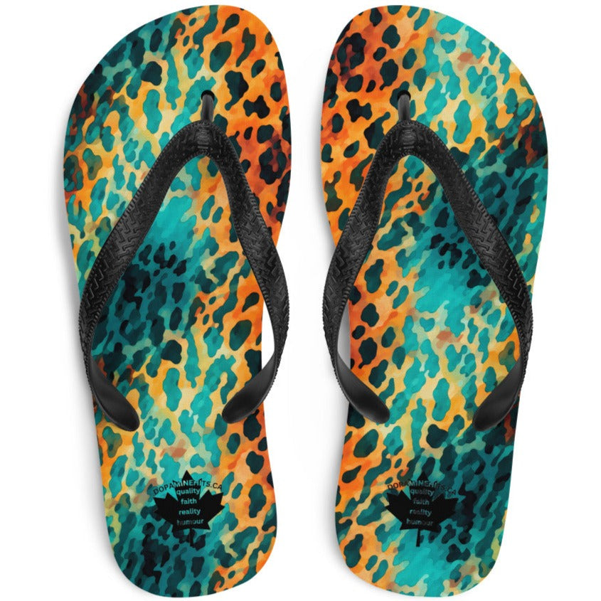 Teal Leopard Print Flip-Flops - Black Strap