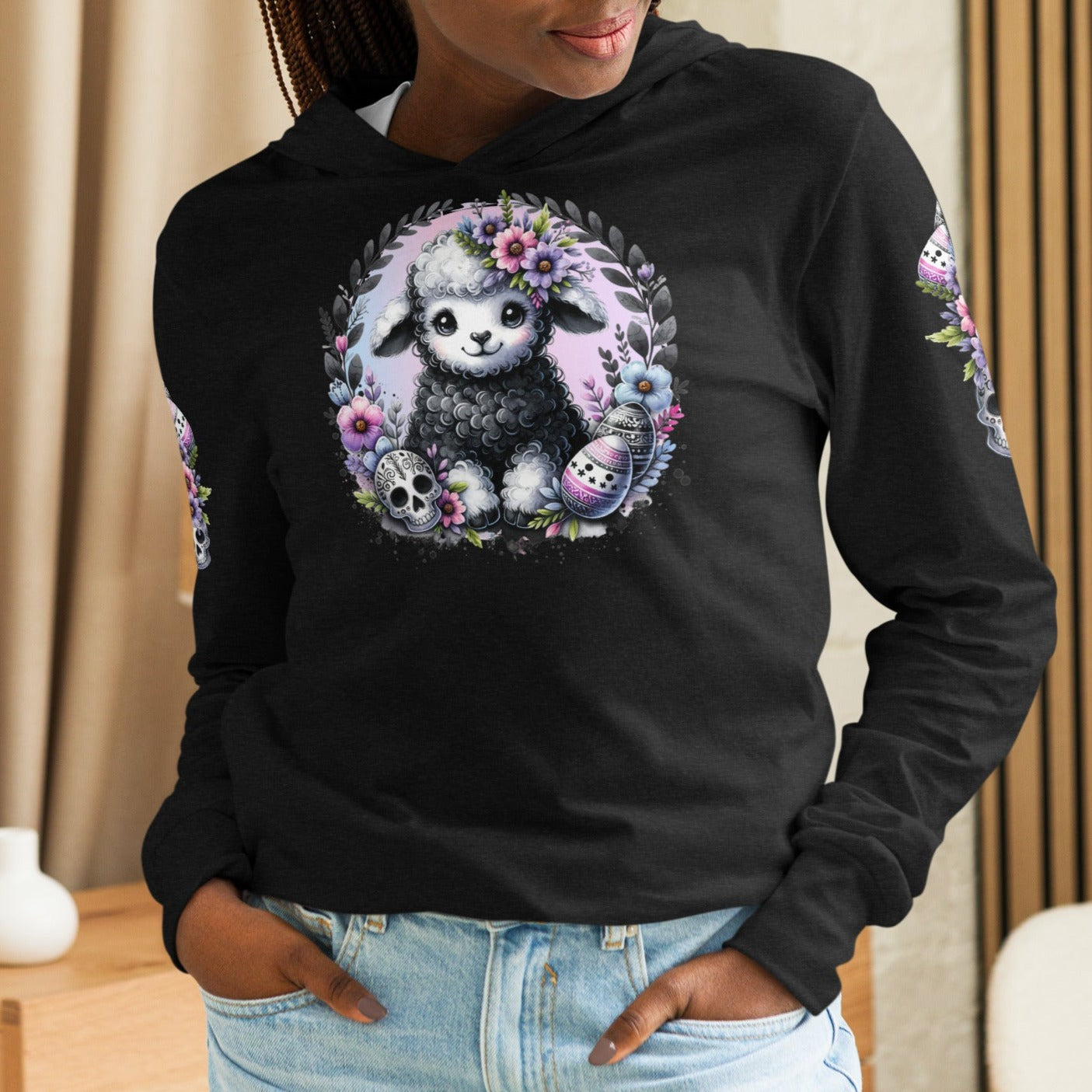 Gothic Easter Lamb - Hooded Long-Sleeved T-Shirt - Print on Sleeves