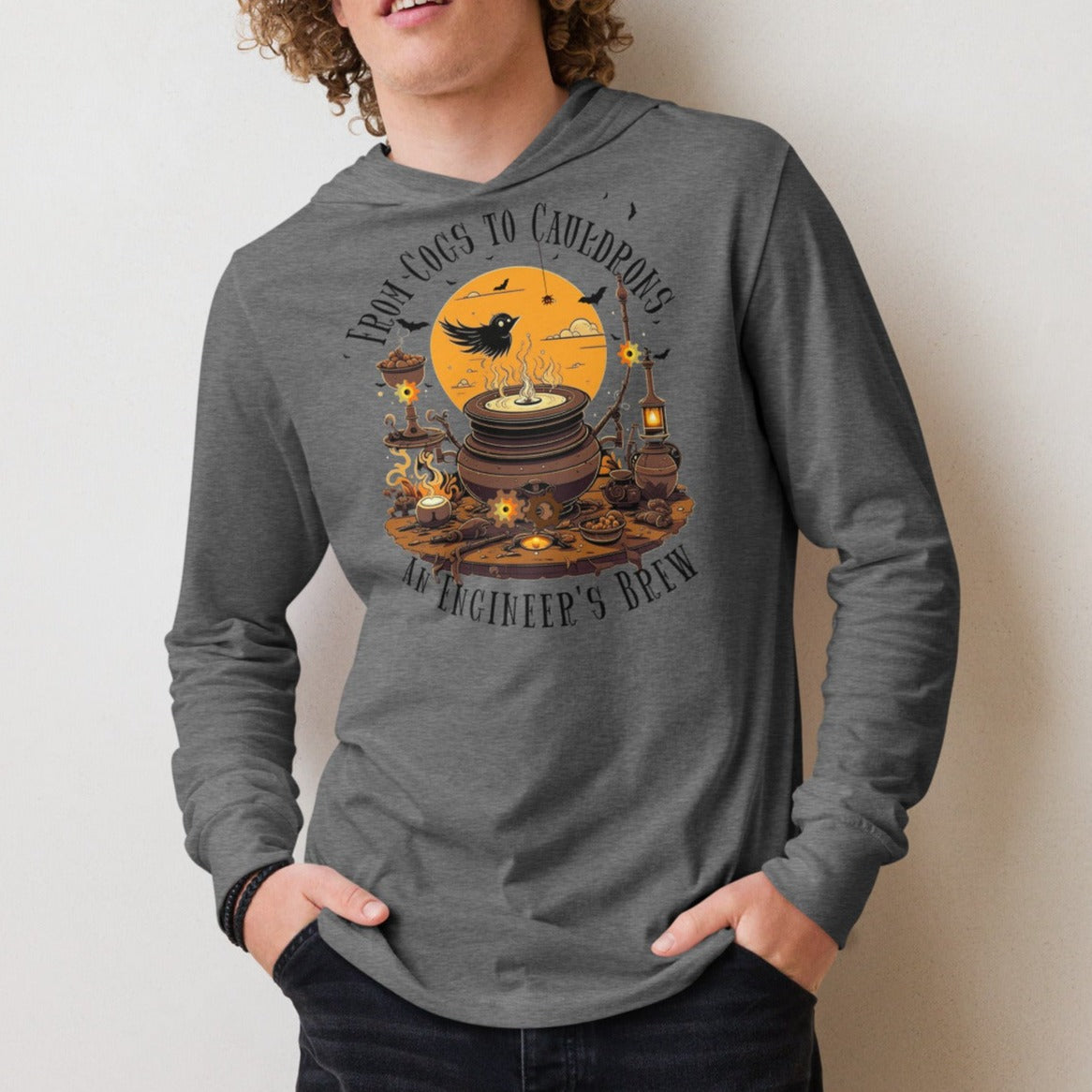 From Cogs to Cauldrons – An Engineer's Brew - Lightweight Long Sleeve Hooded Halloween Tee – Versatile and Comfortable