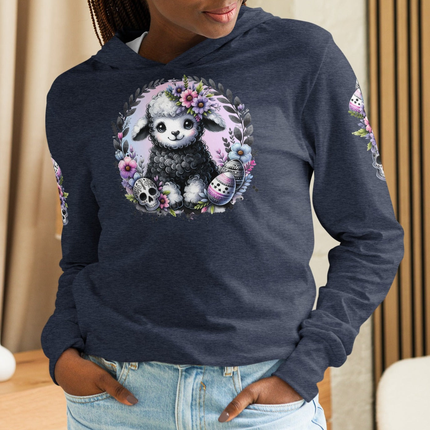 Gothic Easter Lamb - Hooded Long-Sleeved T-Shirt - Print on Sleeves