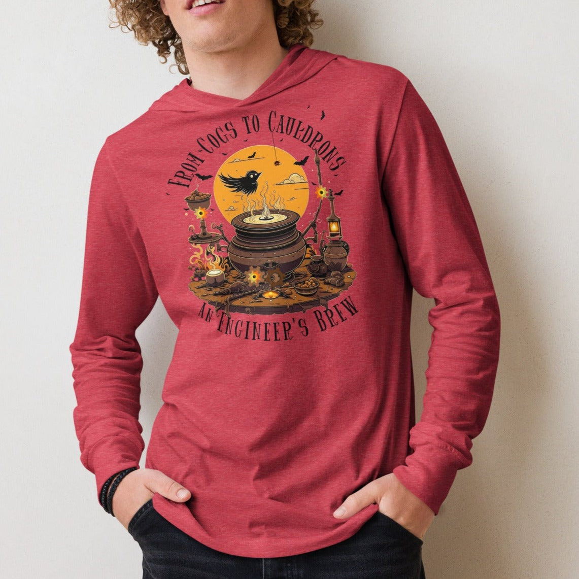 From Cogs to Cauldrons – An Engineer's Brew - Lightweight Long Sleeve Hooded Halloween Tee – Versatile and Comfortable