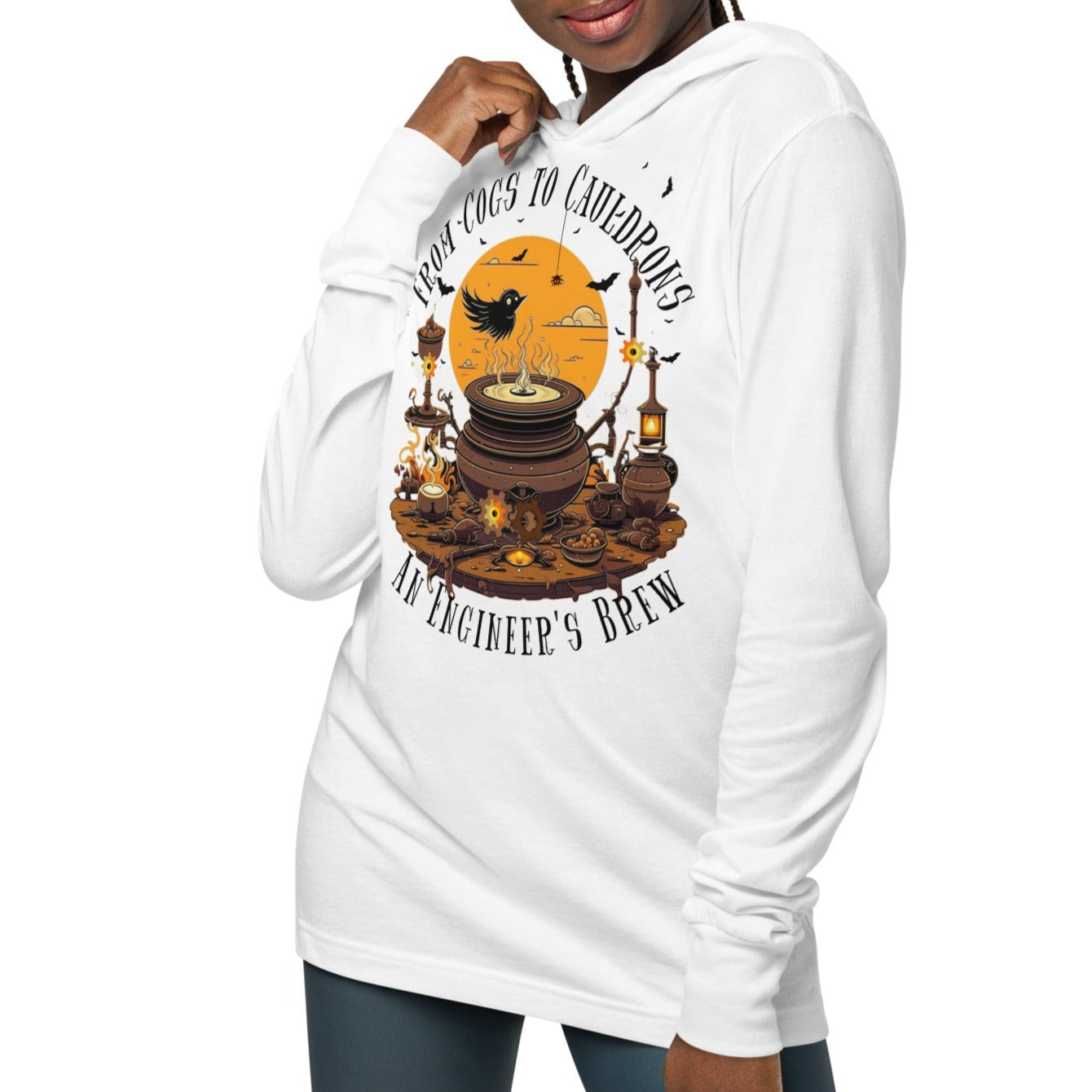 From Cogs to Cauldrons – An Engineer's Brew - Lightweight Long Sleeve Hooded Halloween Tee – Versatile and Comfortable