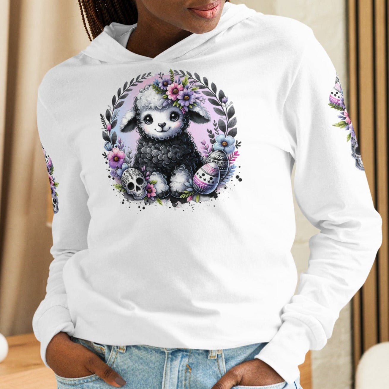 Gothic Easter Lamb - Hooded Long-Sleeved T-Shirt - Print on Sleeves