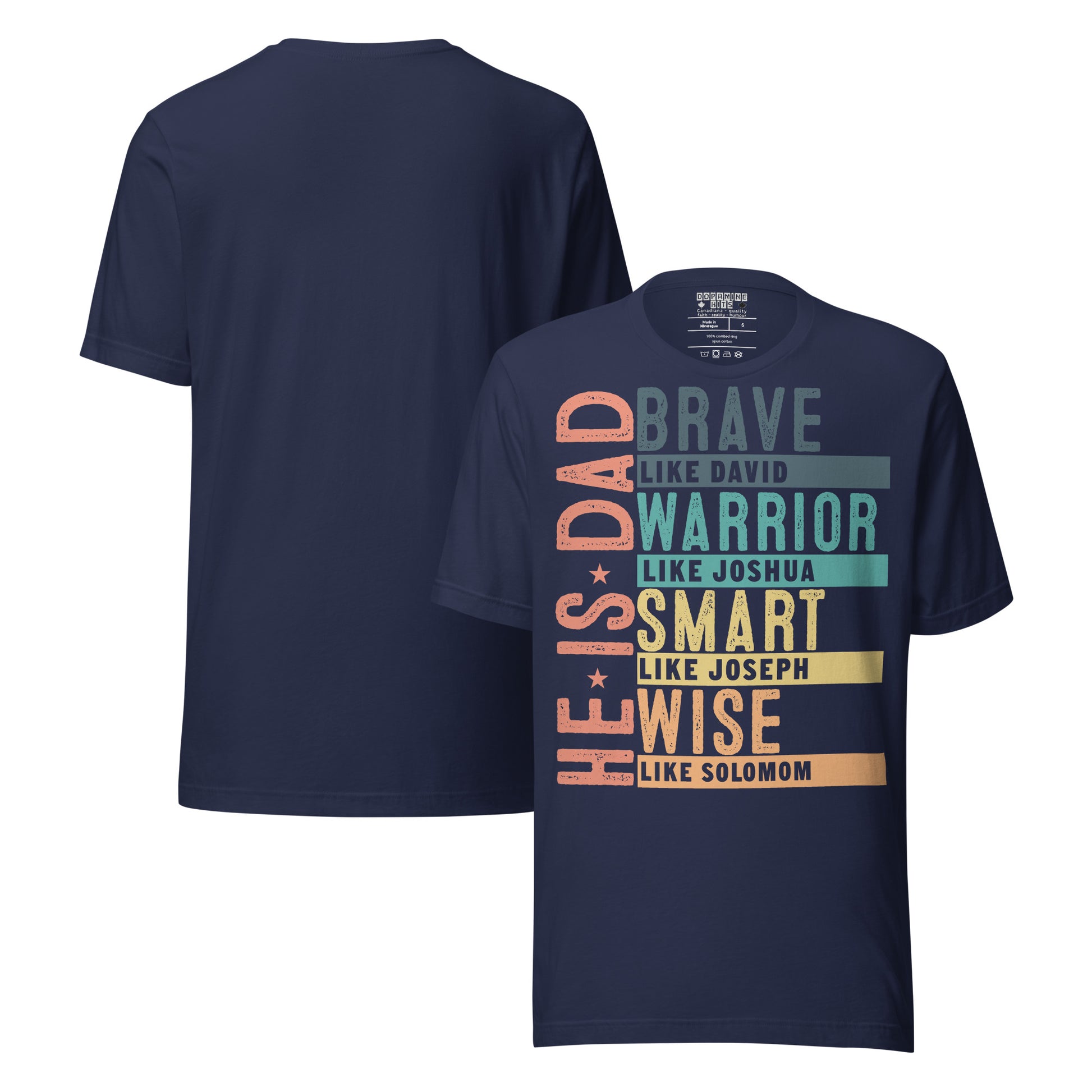 Navy blue t-shirt with motivational text design on a white background
