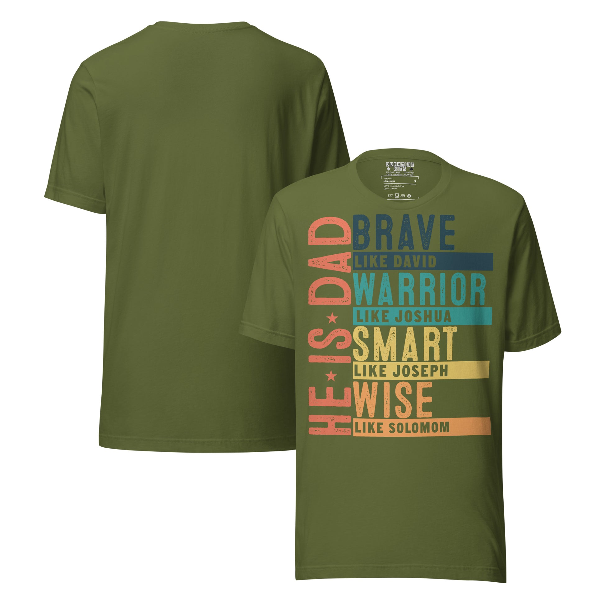 Olive t-shirt with motivational text design on a white background