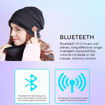 Black Bluetooth 5.0 Beanie with Headphone Speaker, Mic & Tube Scarf