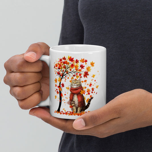 Fall Cozy Cat - White Ceramic Glossy Mug (11oz/15oz/20oz)