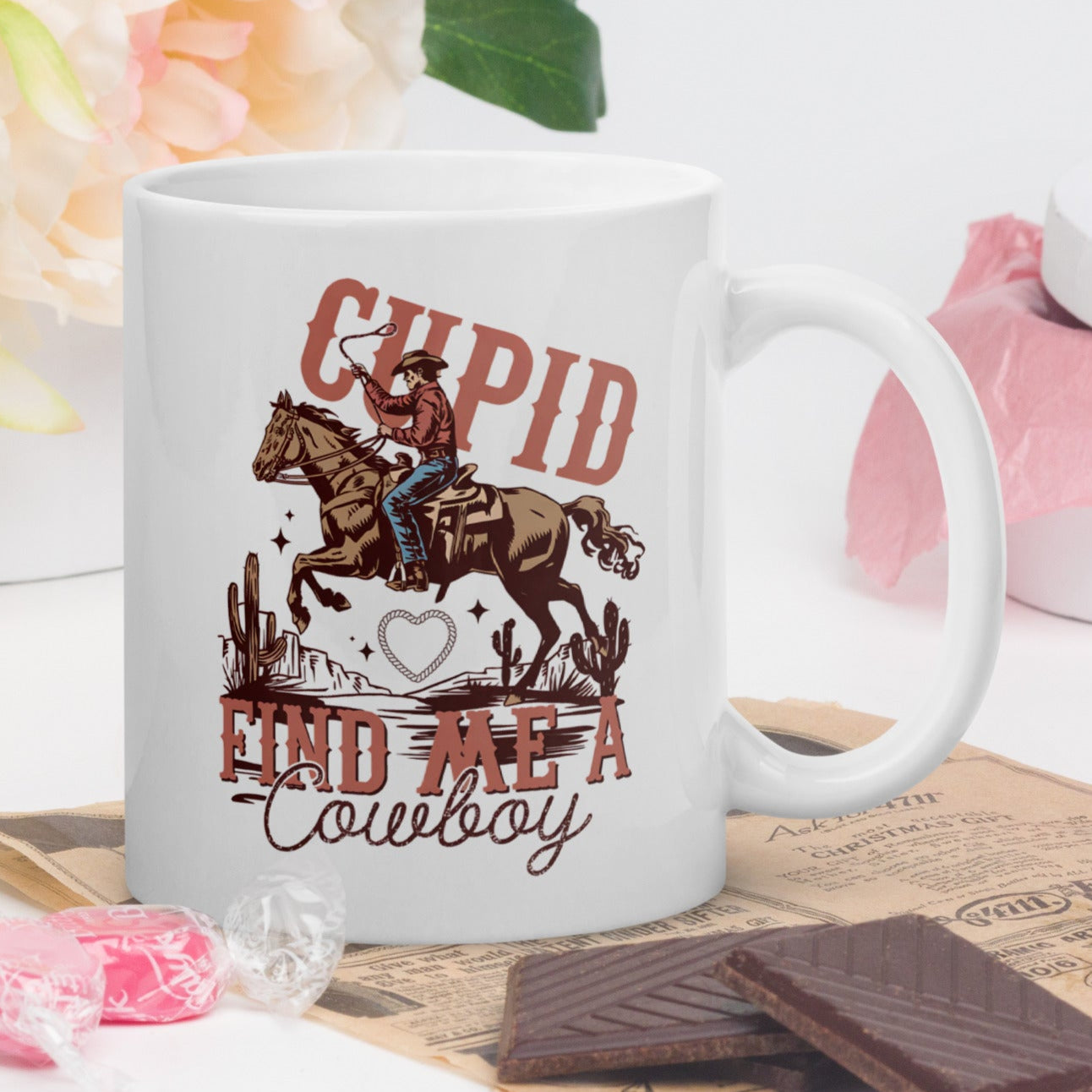 Cupid Find Me A Cowboy - White Ceramic Glossy Mug (11oz/15oz/20oz)