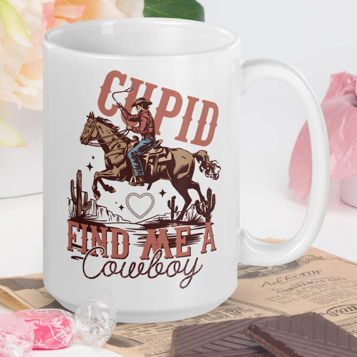 Cupid Find Me A Cowboy - White Ceramic Glossy Mug (11oz/15oz/20oz)