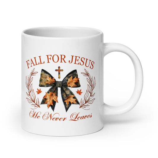 Fall For Jesus He Never Leaves - White Ceramic Glossy Mug (11oz/15oz/20oz)